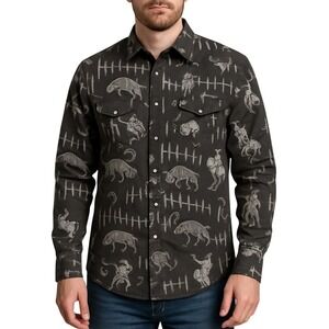 Rock & Roll Denim Western Snap Shirt Rodeo Cowboy Print Black Gray XL Vintage 46